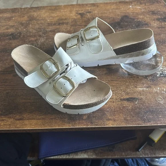 Rialto Womens Farina Sandals 8.5 White Slip On Slides Comfy Cork Wedge Platform - Picture 2 of 11